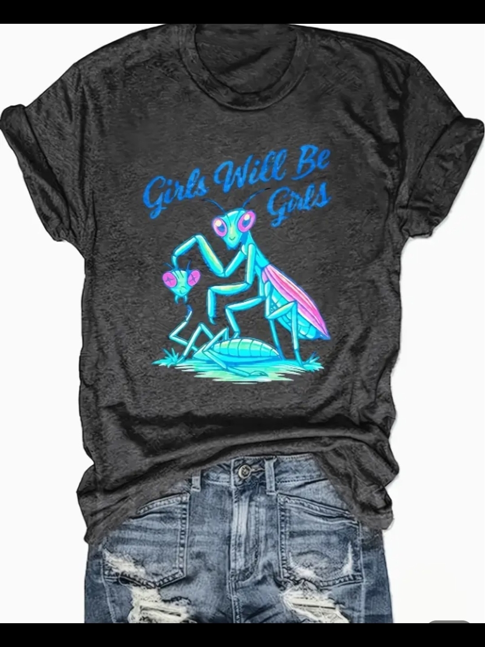Girls Will Be Girls Neon Praying Mantis Graphic Tee - Black